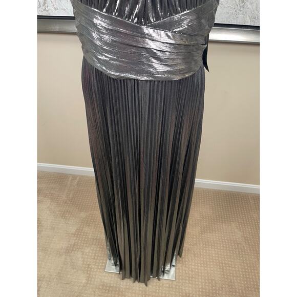 Retrofete Reiss Ruched Pleated Halterneck Metallic Gunmetal Maxi Dress Size L - Picture 5 of 9
